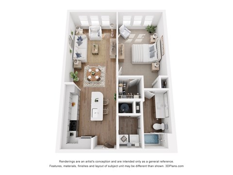 A 3D floor plan of a small apartment with a kitchen, living room, and bedroom.